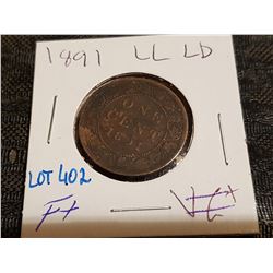 1891 LLLD one cent , Fine +