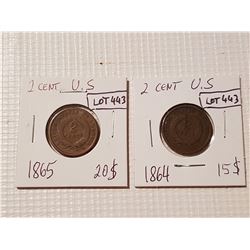 1864 and 1865 RARE 2 cent Us coins