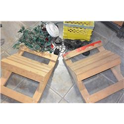 TOTE OF MISC AND TWO WOODEN ROOF SUPPORTS