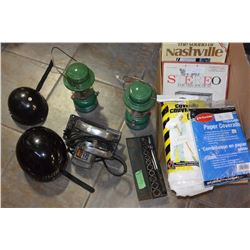BOX OF TOOLS AND MOTORCYCLE HELMETS AND TWO COLEMAN LANTERNS