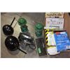 Image 1 : BOX OF TOOLS AND MOTORCYCLE HELMETS AND TWO COLEMAN LANTERNS