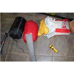 TWO SLEEPING BAGS AND TENT AND FLASHLIGHT