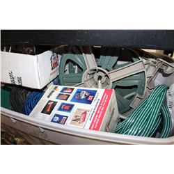 LARGE TOTE OF GARDEN AND PUMP HOSES AND HEATERS