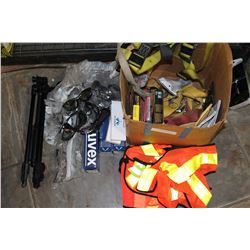 BOX OF SAFETY GLASSES HIGH VISIBILITY VEST AND HARNESS