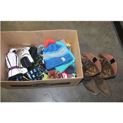 LOT OF MENS AND WOMENS SKI GLOVES AND BEANIES AND COWBOY BOOTS