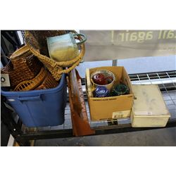 TOTE OF BASKETS AND PLATE RACKS AND WOODEN LOCK BOX AND JARS