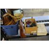 Image 1 : TOTE OF BASKETS AND PLATE RACKS AND WOODEN LOCK BOX AND JARS