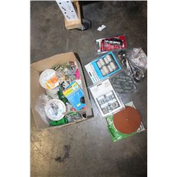 BOX OF SHOP SUPPLIES AND FISH TANK PUMP AND ROCKS