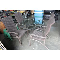 SET OF FOUR ALUMINUM PATIO CHAIRS AND GLASSTOP TABLE