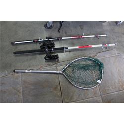 LOT OF FISHING RODS AND NET