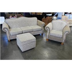 THREE PIECE MODERN COUCH SET WITH STORAGE OTTOMAN AND BRASS NAILHEAD