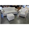 Image 1 : THREE PIECE MODERN COUCH SET WITH STORAGE OTTOMAN AND BRASS NAILHEAD