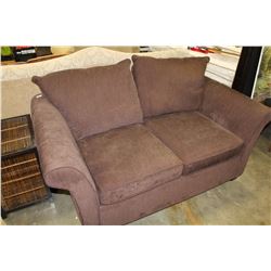 BROWN UPOLSTERED ROLLED ARM LOVESEAT