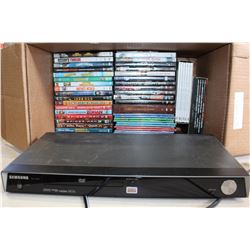 BOX OF DVDS AND SAMSUNG DVD PLAYER
