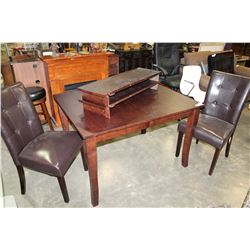 NEW HOME ELEGANCE MODERN CHERRY FINISH DINING TABLE WITH 2 LEAFS AND TWO MODERN LEATHER DINING CHAIR