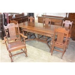 ANTIQUE KRUG DRAW LEAF TABLE AND SIX CHAIRS