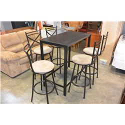 BLACK BAR HEIGHT TABLE AND FIVE BLACK METAL MICROFIBRE SEAT BAR STOOLS
