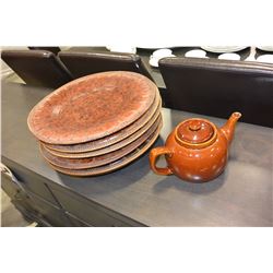 FIVE PIER 1 PLATES AND BROWN BETTY TEAPOT