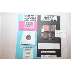 1926 GEORGE FIVE ONE CENT COIN AND CANADIAN LARGE CENTS AND STAMPS