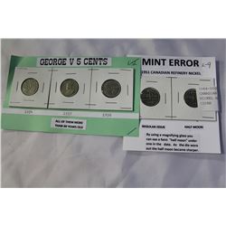 CANADIAN 1951 MINT ERROR NICKEL AND THREE FIVE CENT COINS