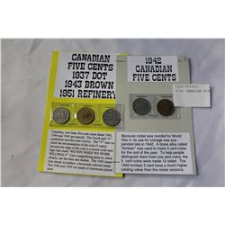 FIVE CANADIAN FIVE CENT COINS