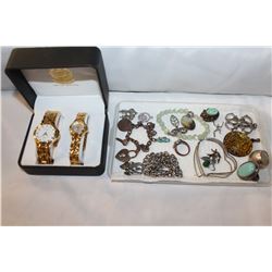 TWO NEW WATCHES IN GIFT BOX AND TRAY OF JEWELLRY