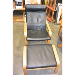 BLACK LEATHER BENTWOOD CHAIR AND FOOTSTOOL