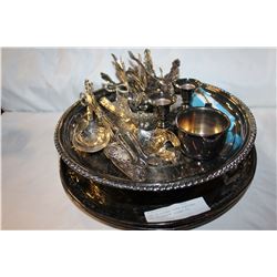 LOT OF SILVER PLATE PLATTERS AND COLLECTOR SPOONS ETC
