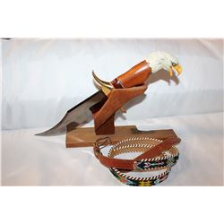 EAGLE HEAD KNIFE ON STAND AND BEADED BELT