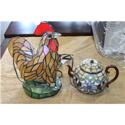 LEADED GLASS ROOSTER AND TEAPOT LAMPS