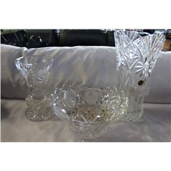 TWO LARGE CRYSTAL VASES AND BOWL WITH FLOWER FROG