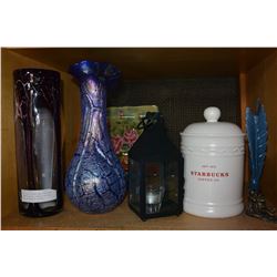 TWO GLASS VASES AND STARBUCKS CANNISTER AND CANDLE HOLDERS AND DECORATIVE PLATES