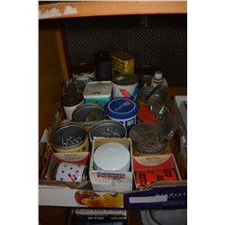 BOX OF OLD OIL TINS WITH SHOP CONTENTS