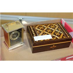 JEWELLRY CASE WITH CONTENTS AND SMALL GERMAN CARRIAGE CLOCK