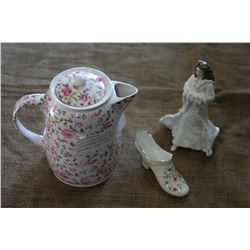ROYAL DOULTON CHINA FIGURE ST PETER BONE CHINA TEAPOT AND NEWHALL BONE CHINA SHOE