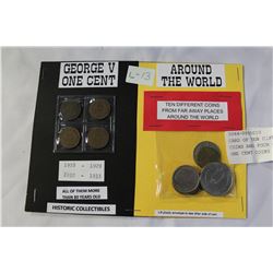 CARD OF TEN DIFFERENT WORLD COINS AND FOUR GEORGE FIFTH ONE CENT COINS