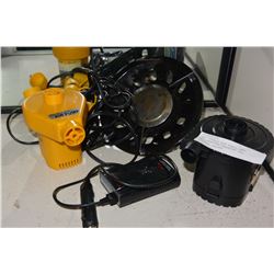 TWO 12VOLT AIR PUMPS AND MOTORMASTER INVERTER AND PROPANE HEATER