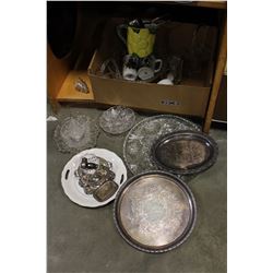LOT OF GLASSWARE SILVER PLATE AND PITCHER ETC