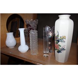 MODERN CRYSTAL VASES EASTERN VASE AND MILK GLASS ETC