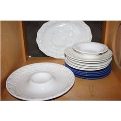 WHITE PLATTERS AND WHITE AND BLUE DISHES