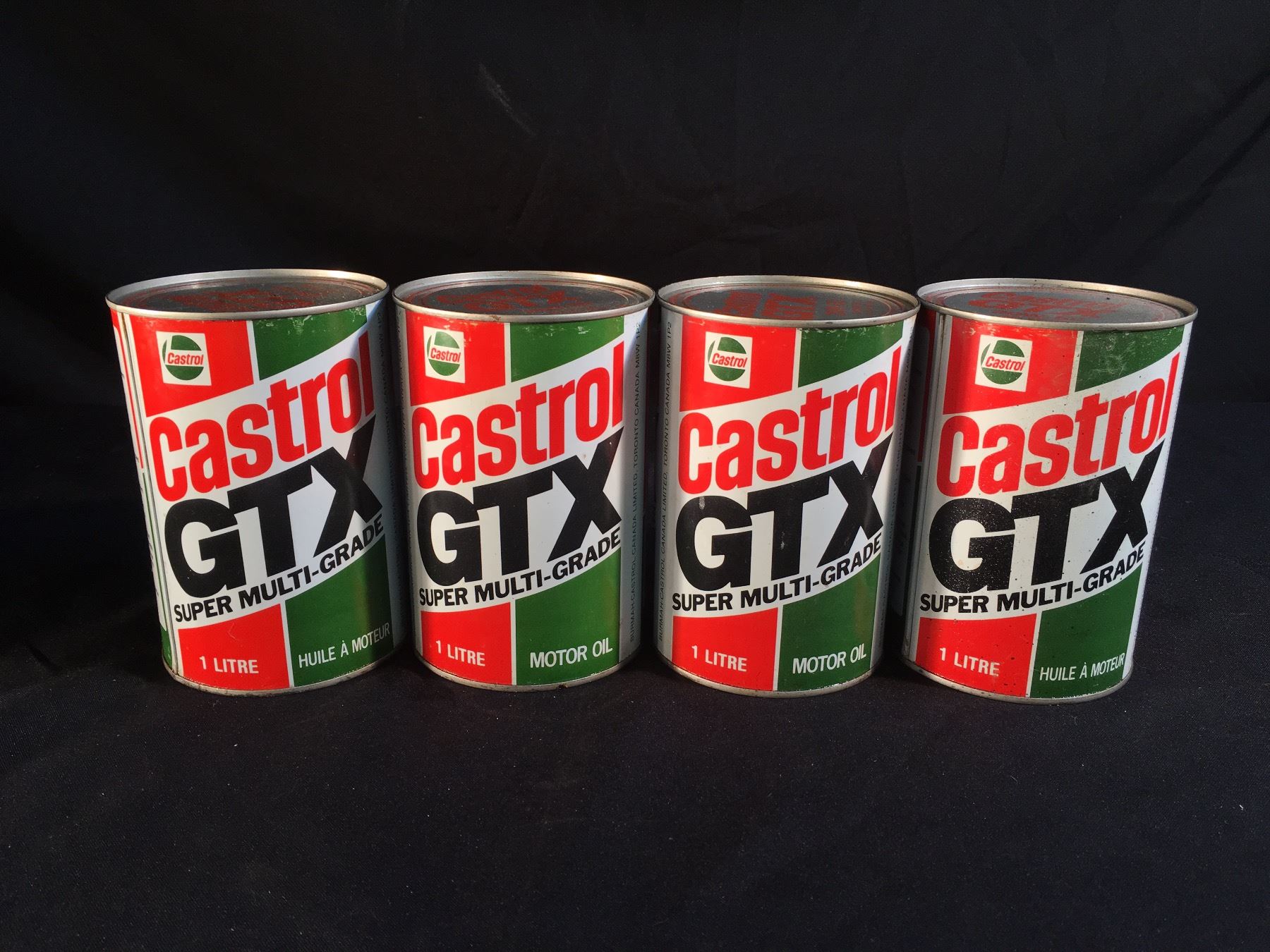Retro Castrol 4 VINTAGE CASTROL GTX SUPER MULTI-GRADE 1 LITRE MOTOR OIL CANS, FULL ...