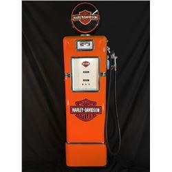 HARLEY-DAVIDSON VINTAGE GAS PUMP, WITH AUTHENTIC NOZZLES, HOSE, GLASS BULB, AND METERS, STOCK