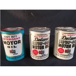 3 K-MART BRAND 32 FL. OZ. MOTOR OIL CANS, ALL SEALED AND FULL