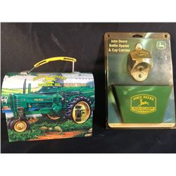 VINTAGE JOHN DEERE WALL MOUNT BOTTLE OPEN & CAP CATCHER, IN ORIGINAL PACKAGING, AND JOHN DEERE