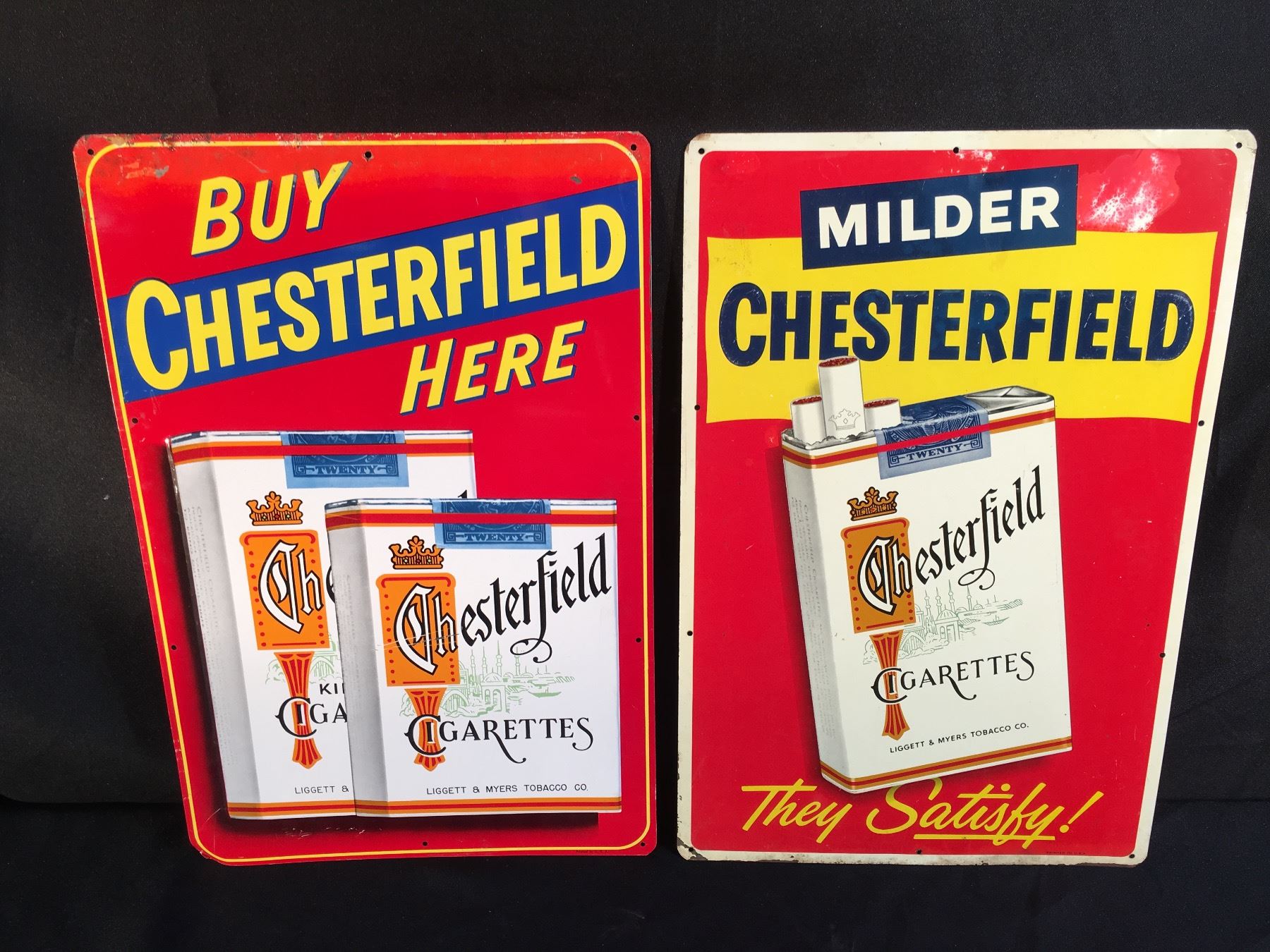 Chesterfeild Sign 2 VINTAGE CHESTERFIELD CIGARETTES METAL ADVERTISING SIGNS, EACH 18'' TALL