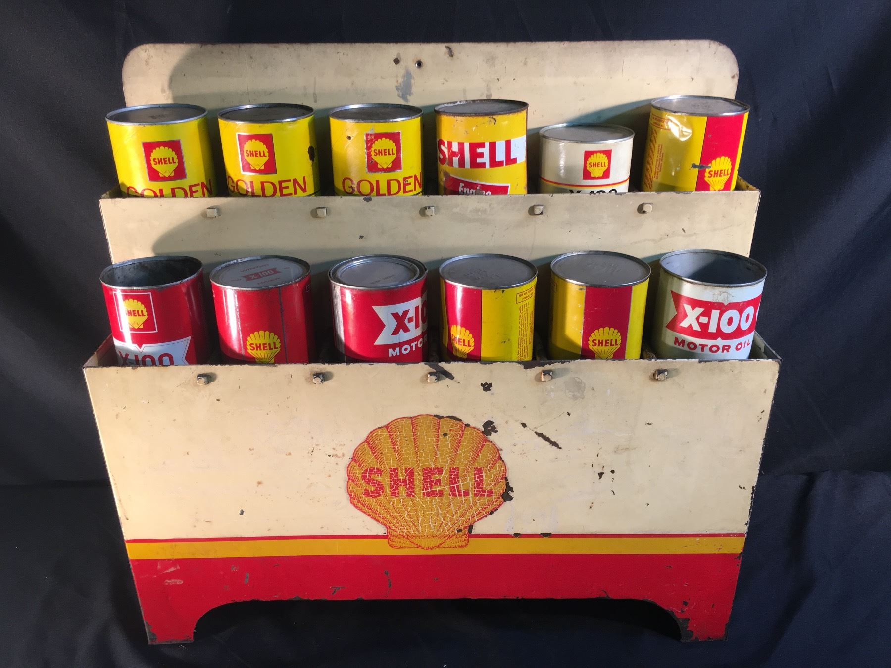 Shell Oil Display Rack VINTAGE SHELL OIL CONTAINER METAL DISPLAY STAND, 28'' WIDE, OIL ...