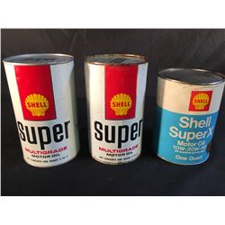 COLLECTION OF 3 VINTAGE SHELL OIL CONTAINERS INC. SUPER MULTIGRADE MOTOR OIL AND SHELL SUPERX MOTOR