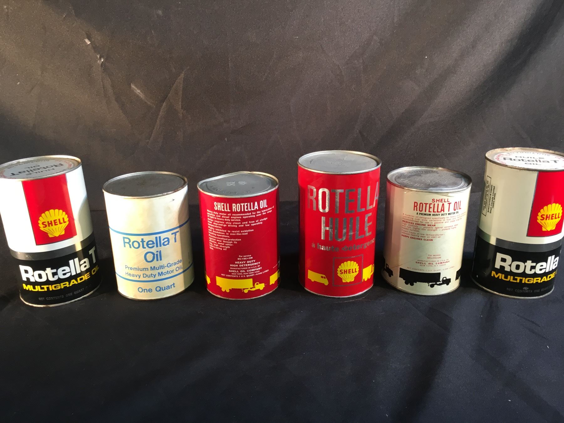 COLLECTION OF 6 VINTAGE SHELL ROTELLA OIL CONTAINERS - Able Auctions
