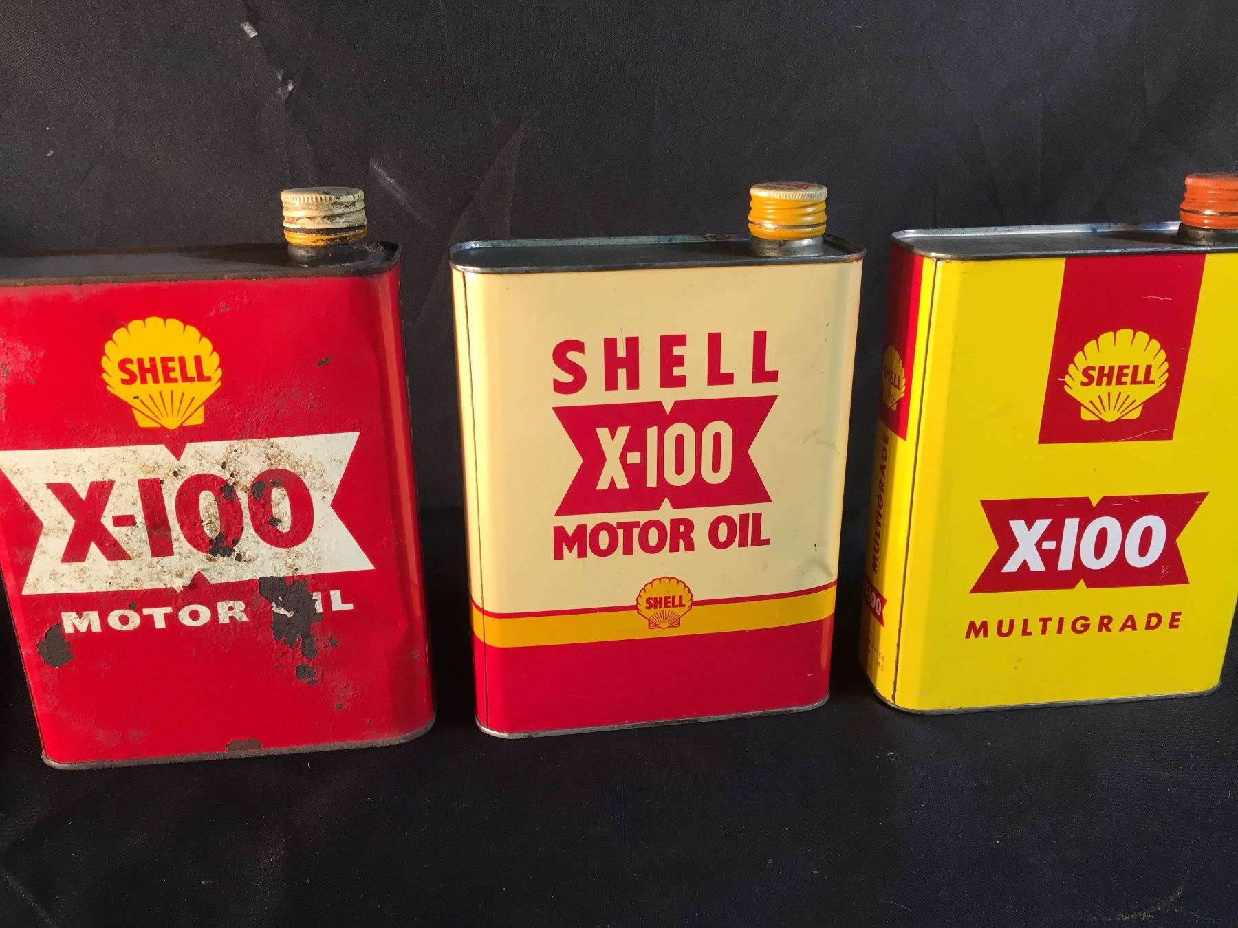 COLLECTION OF 3 VINTAGE SHELL X-100 EASY POUR MOTOR OIL CONTAINERS