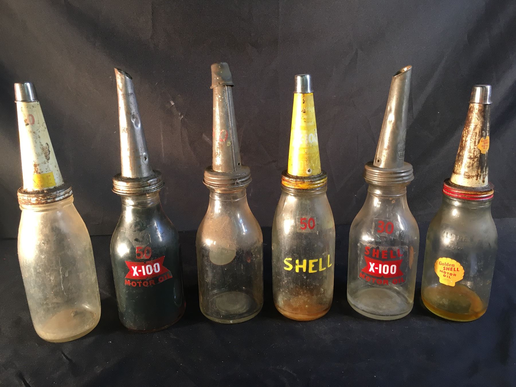 COLLECTION OF 6 SHELL VINTAGE GLASS OIL BOTTLES WITH METAL SPOUTS, ONE ...